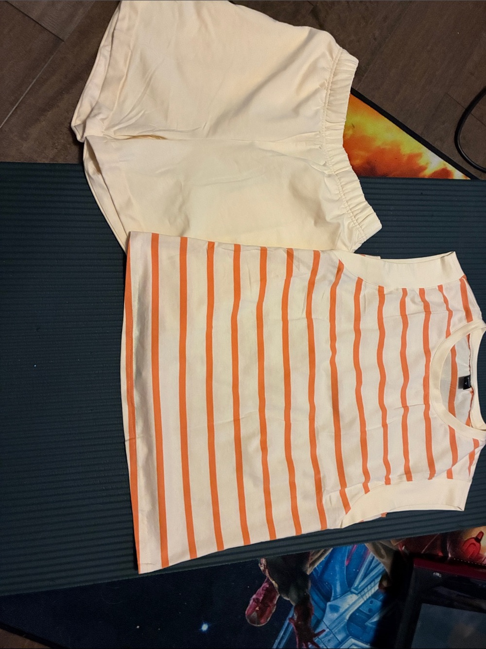 Women's Cream and Orange Striped Sleeveless Top and Cream Shorts Set woman’s S